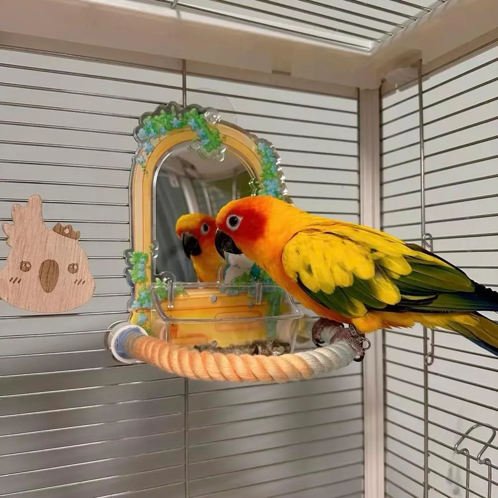 Gradient colour bird rope perch with U-shape and circular swing on a cage