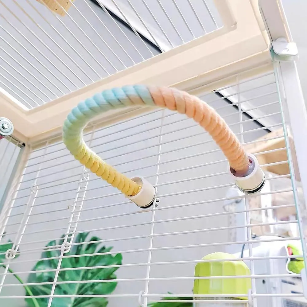 Gradient colour bird rope perch with U-shape and circular swing on a cage