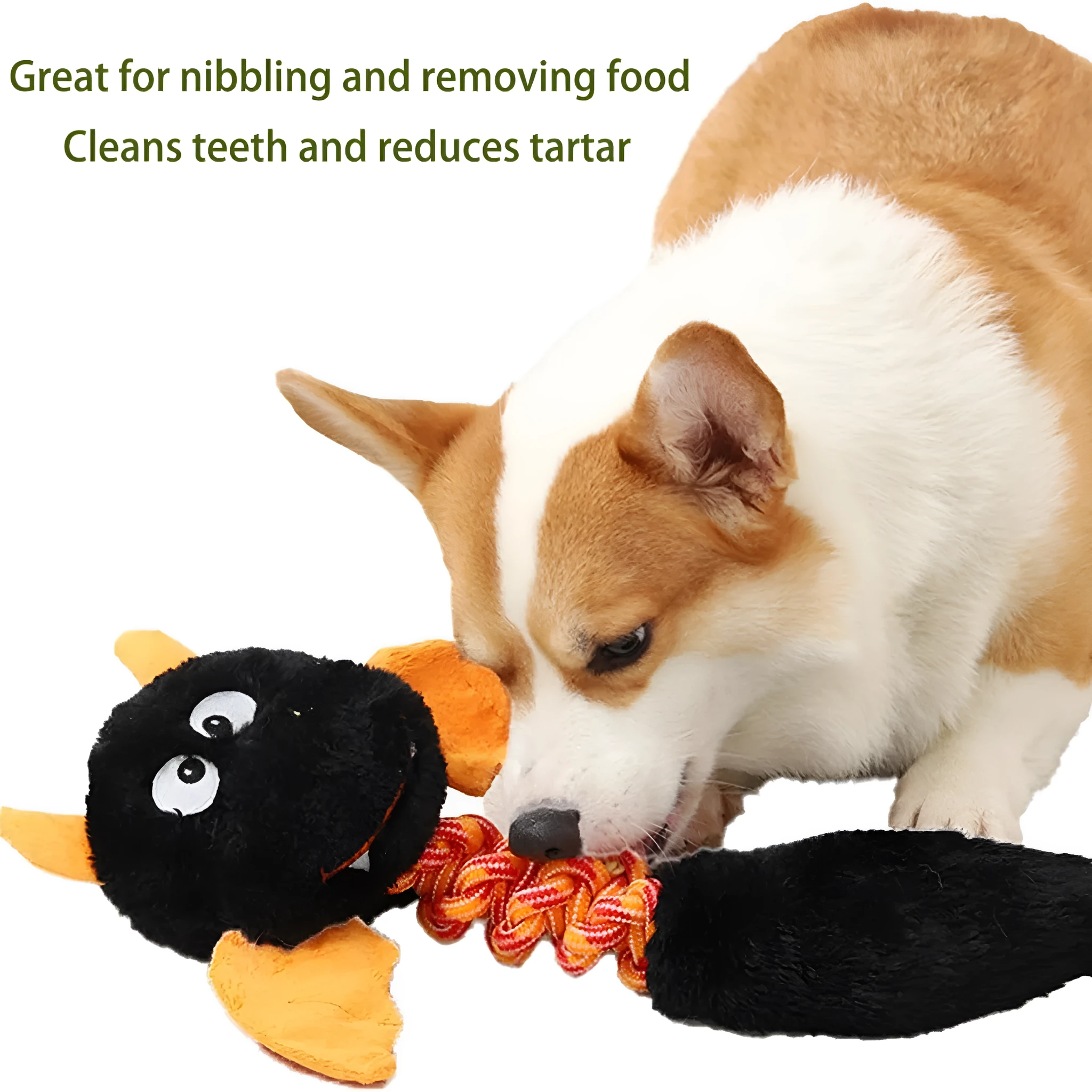 Large black plush dog toy with a cartoon shape, featuring a rope knot and measuring 44cm.