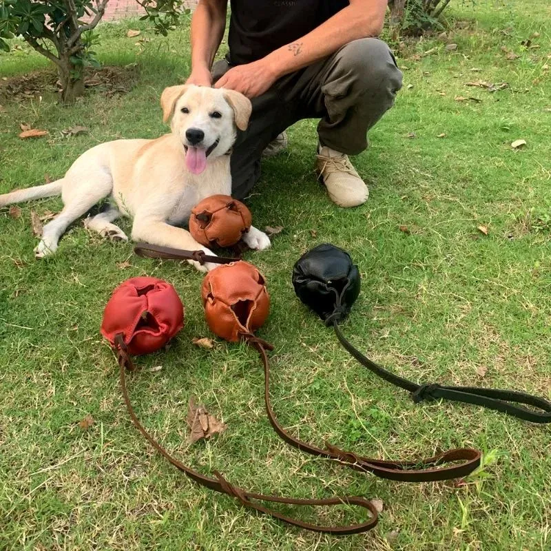 Leather dog training ball toy with handle, soft bite ball for puppy reward, tug toy for obedience training, colourful dog ball