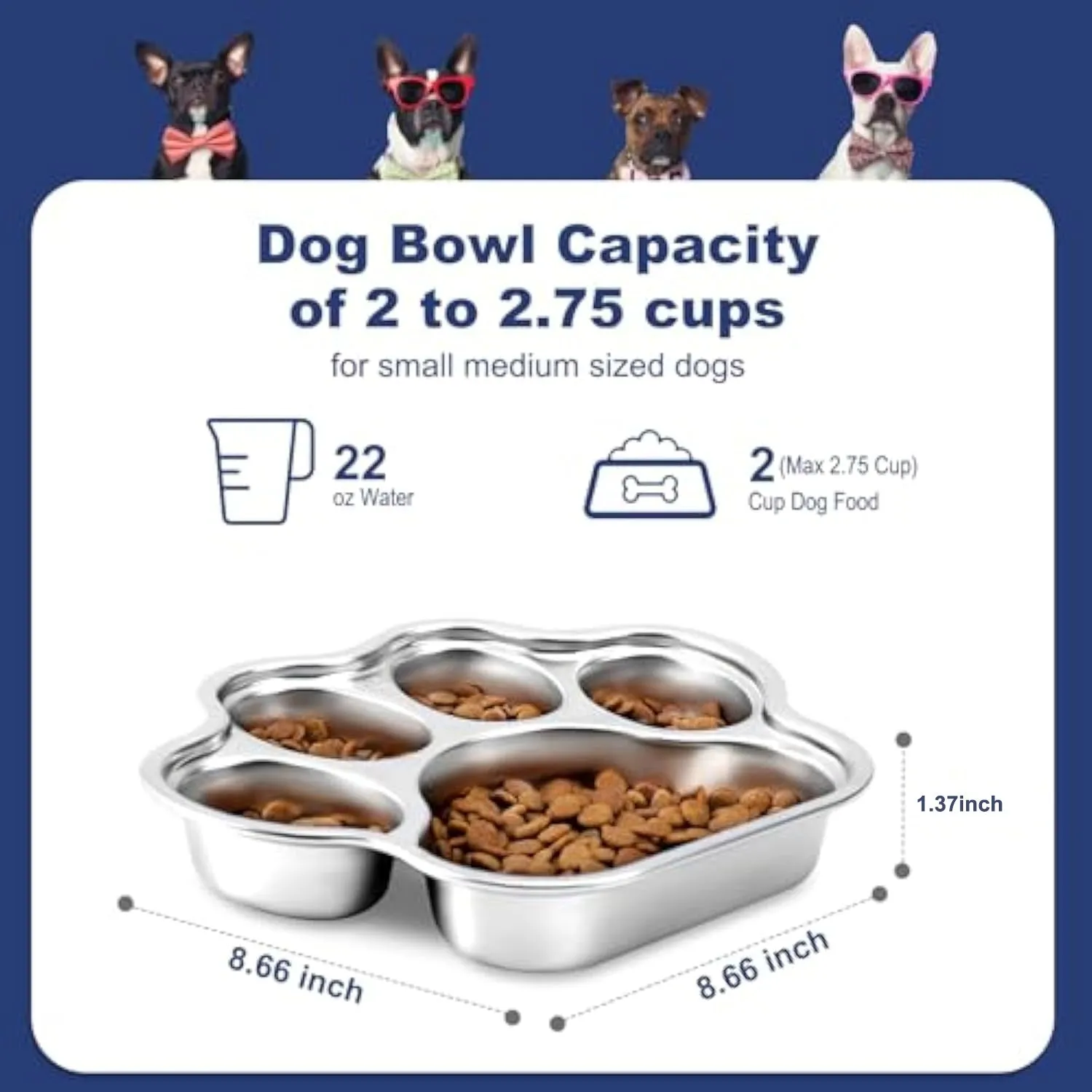 Silver stainless steel slow feeder dog bowl with raised ridges for slowing eating, 2 cup capacity, non-slip base, on a light background