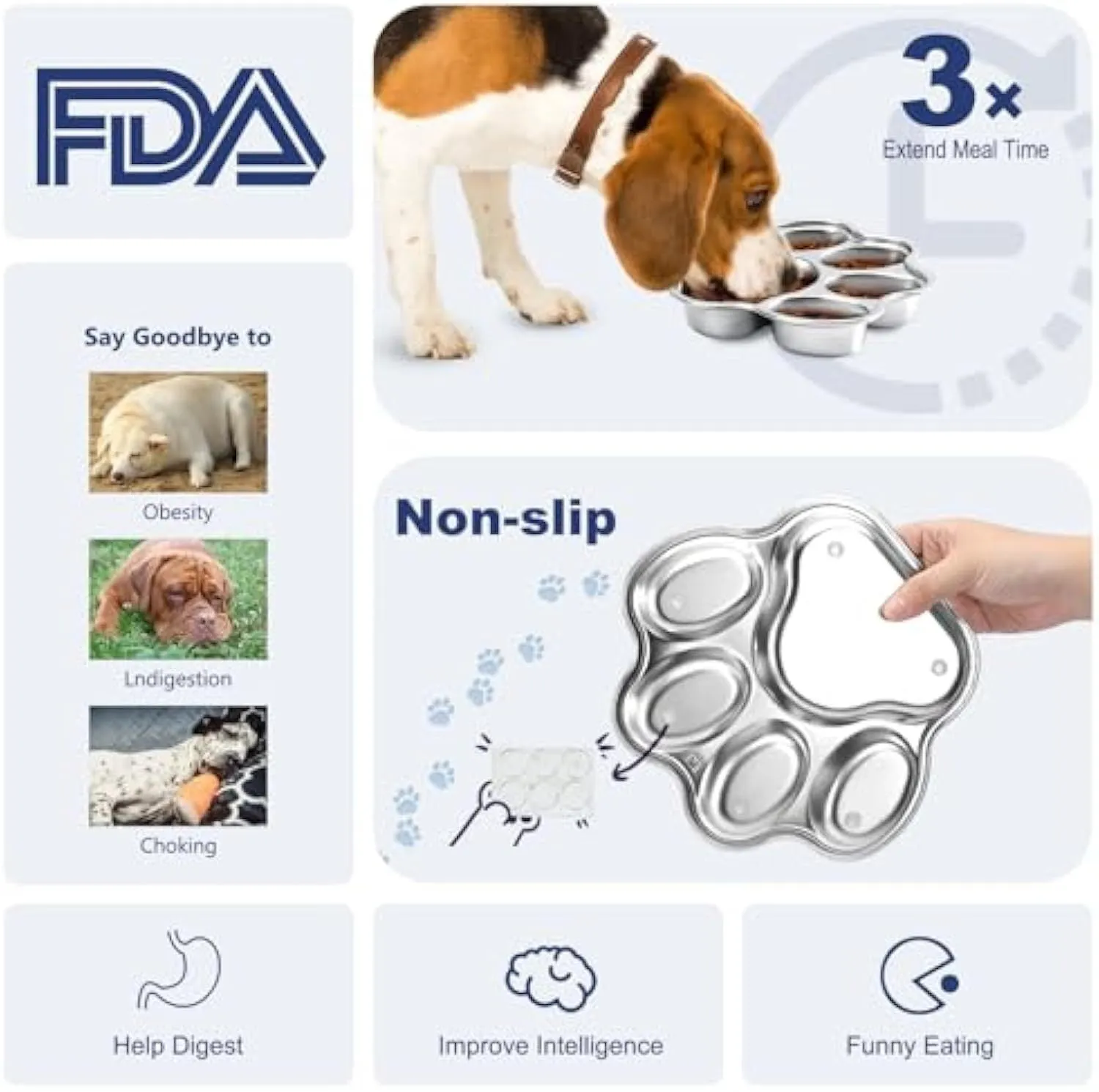 Silver stainless steel slow feeder dog bowl with raised ridges for slowing eating, 2 cup capacity, non-slip base, on a light background