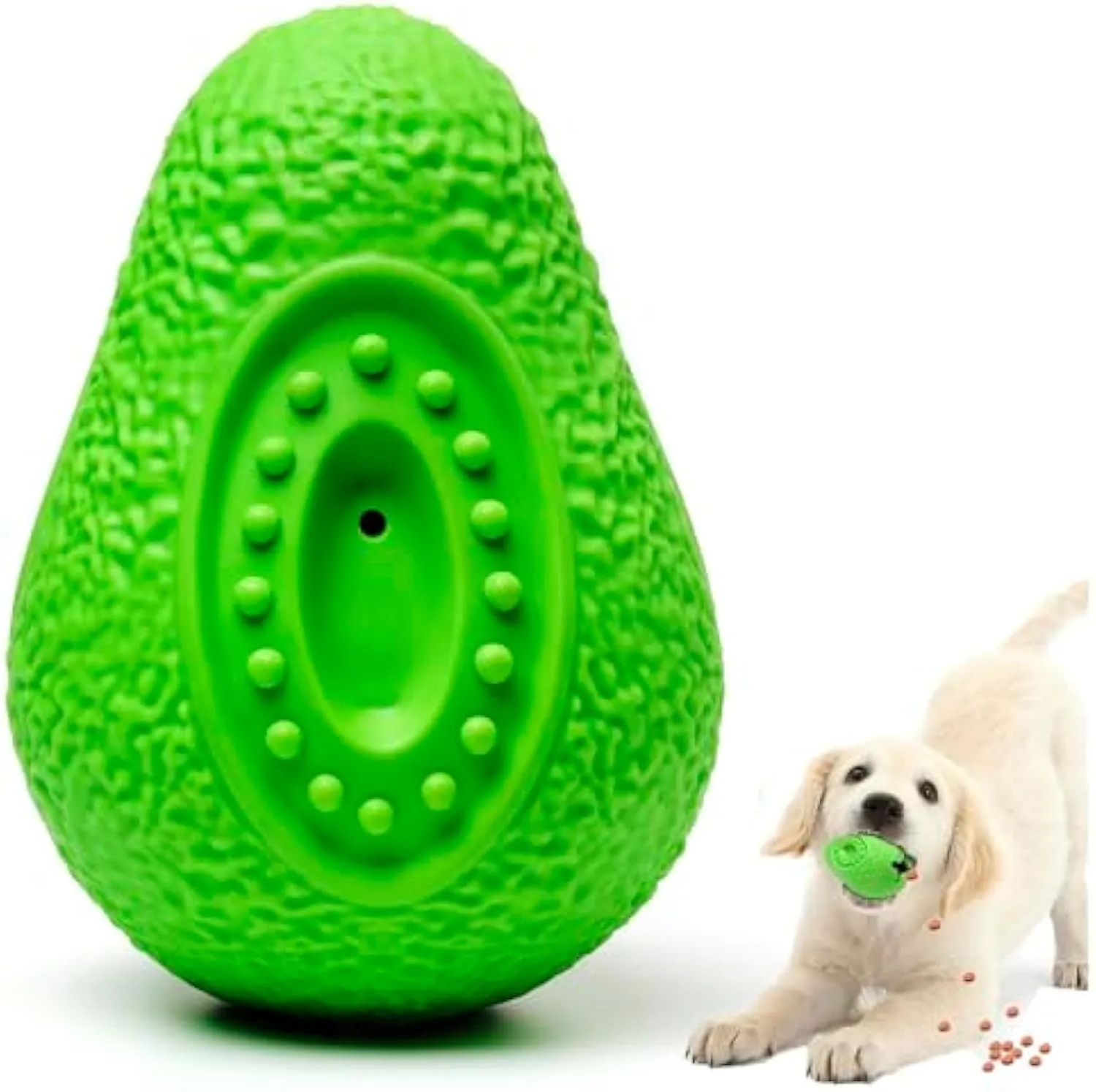 Green avocado-shaped natural rubber dog chew toy for aggressive chewers.