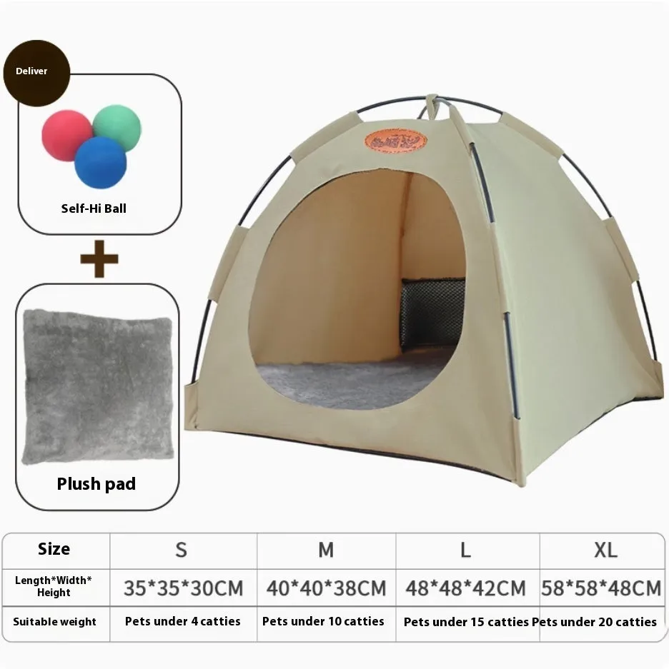 Four Seasons semi-enclosed cat tent with beige summer mat and three self-play balls on floor