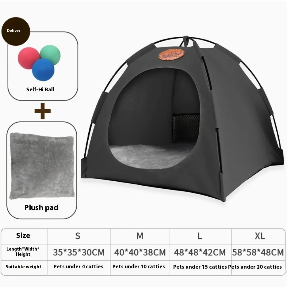 Four Seasons semi-enclosed cat tent with beige summer mat and three self-play balls on floor