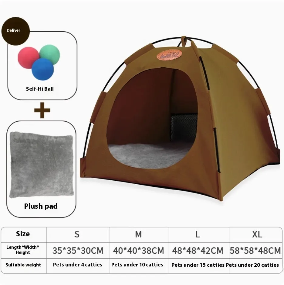 Four Seasons semi-enclosed cat tent with beige summer mat and three self-play balls on floor