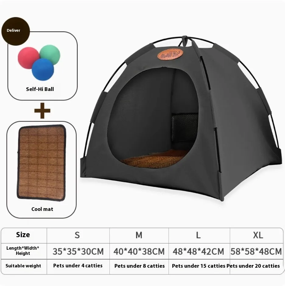 Four Seasons semi-enclosed cat tent with beige summer mat and three self-play balls on floor