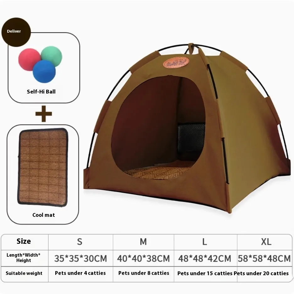 Four Seasons semi-enclosed cat tent with beige summer mat and three self-play balls on floor