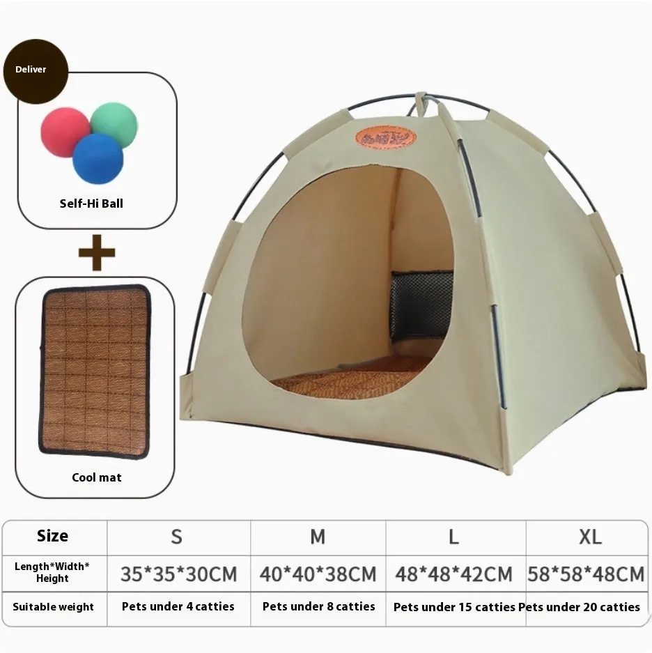 Four Seasons semi-enclosed cat tent with beige summer mat and three self-play balls on floor
