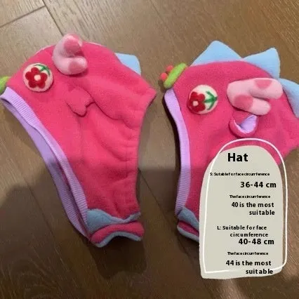 Pink polyester winter coat for small dog with optional hat on a French bulldog model