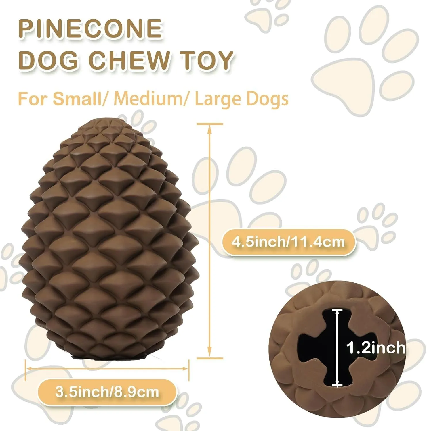 Yellow pine cone-shaped natural rubber dog toy with textured surface and treat dispenser hole.