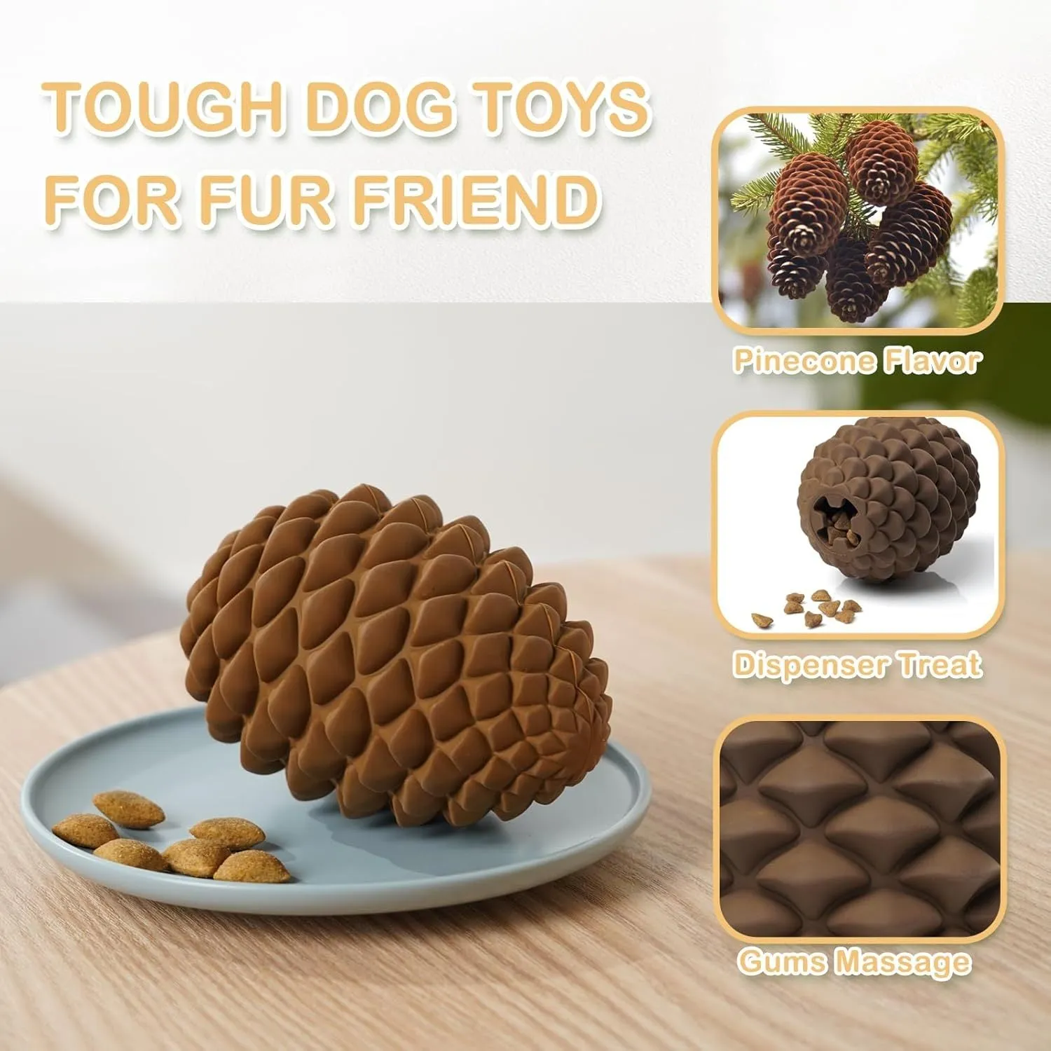 Yellow pine cone-shaped natural rubber dog toy with textured surface and treat dispenser hole.