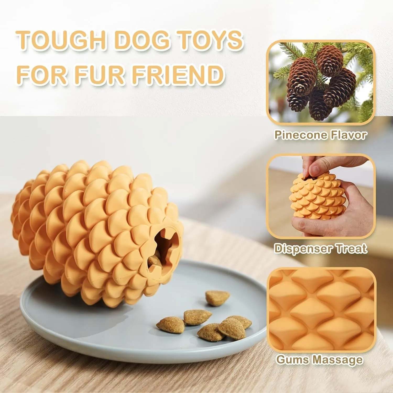 Yellow pine cone-shaped natural rubber dog toy with textured surface and treat dispenser hole.