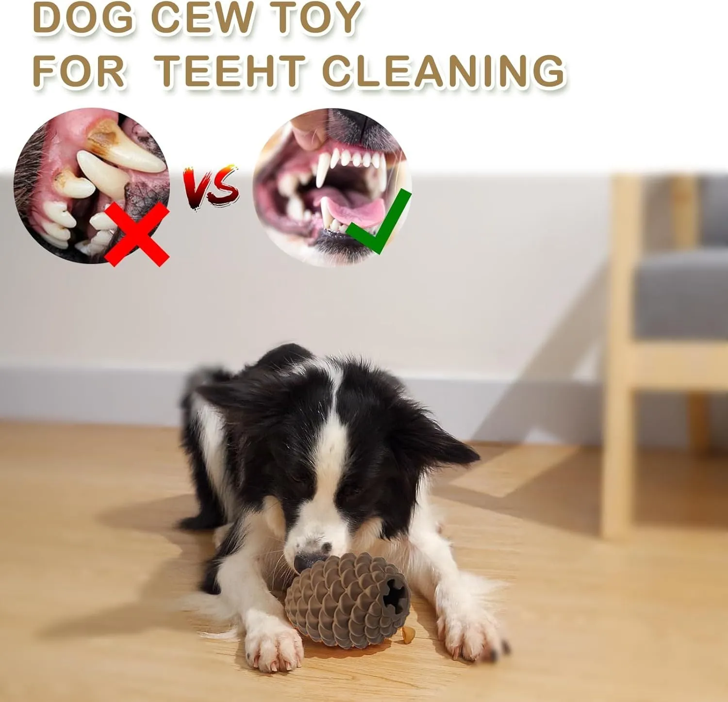 Yellow pine cone-shaped natural rubber dog toy with textured surface and treat dispenser hole.