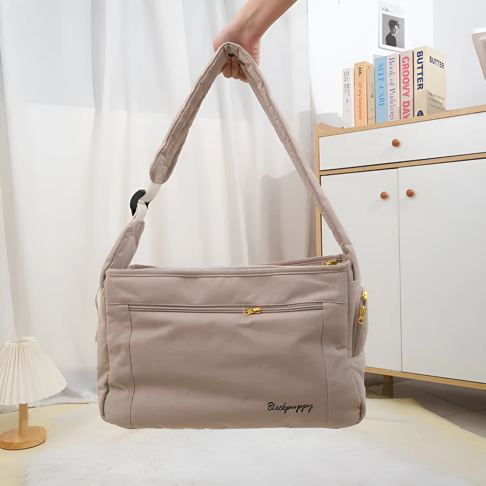 Large capacity soft surface messenger pet carrier bag in beige, 42x19x26.5cm, made from polyester spandex