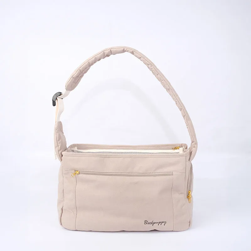 Large capacity soft surface messenger pet carrier bag in beige, 42x19x26.5cm, made from polyester spandex
