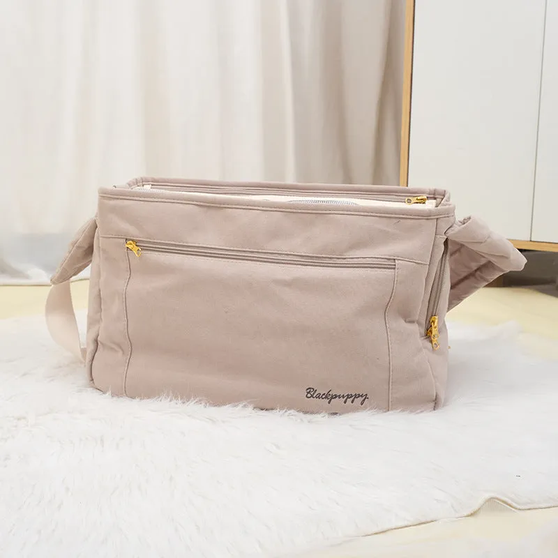 Large capacity soft surface messenger pet carrier bag in beige, 42x19x26.5cm, made from polyester spandex