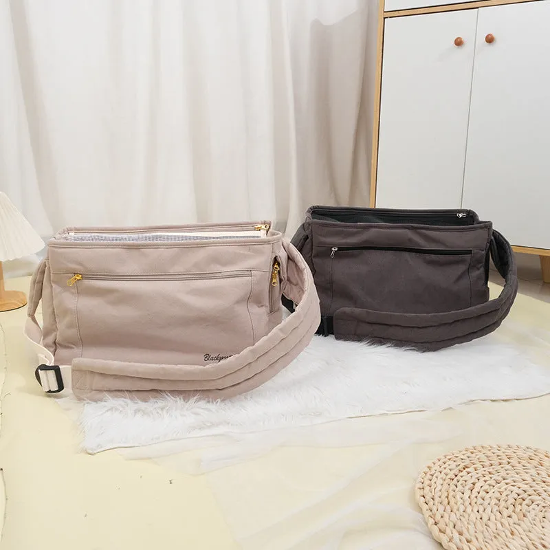 Large capacity soft surface messenger pet carrier bag in beige, 42x19x26.5cm, made from polyester spandex