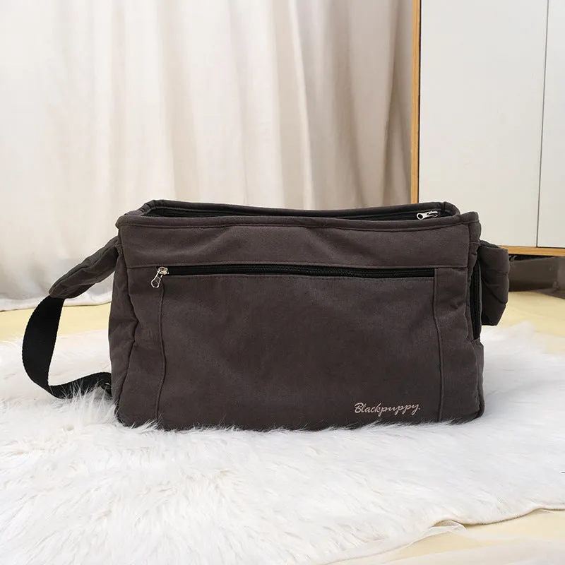 Large capacity soft surface messenger pet carrier bag in beige, 42x19x26.5cm, made from polyester spandex