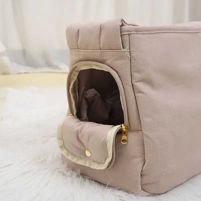 Large capacity soft surface messenger pet carrier bag in beige, 42x19x26.5cm, made from polyester spandex