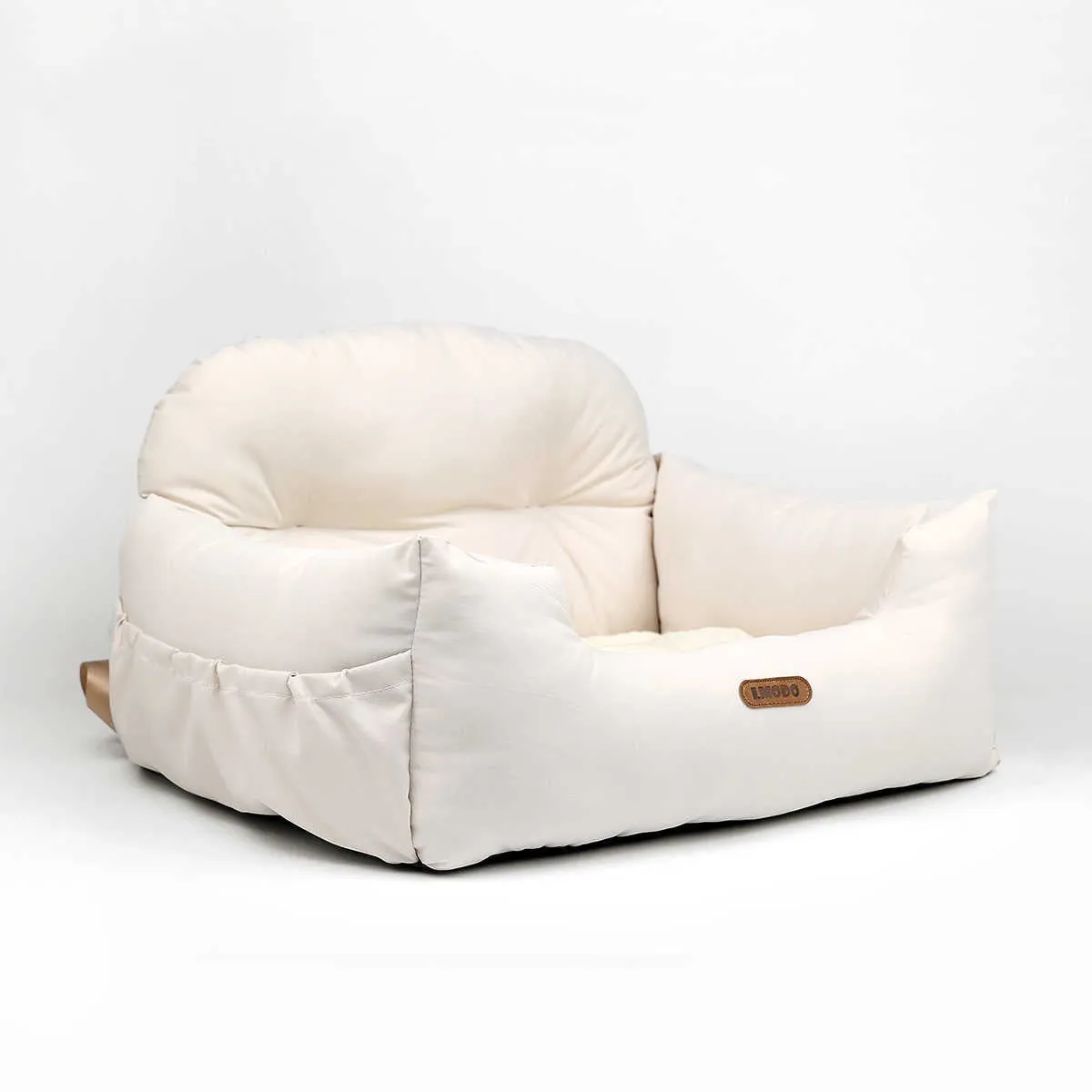 Milky white pet car nest with suede surface and PP cotton lining, 50x40x30cm, for small dogs and cats
