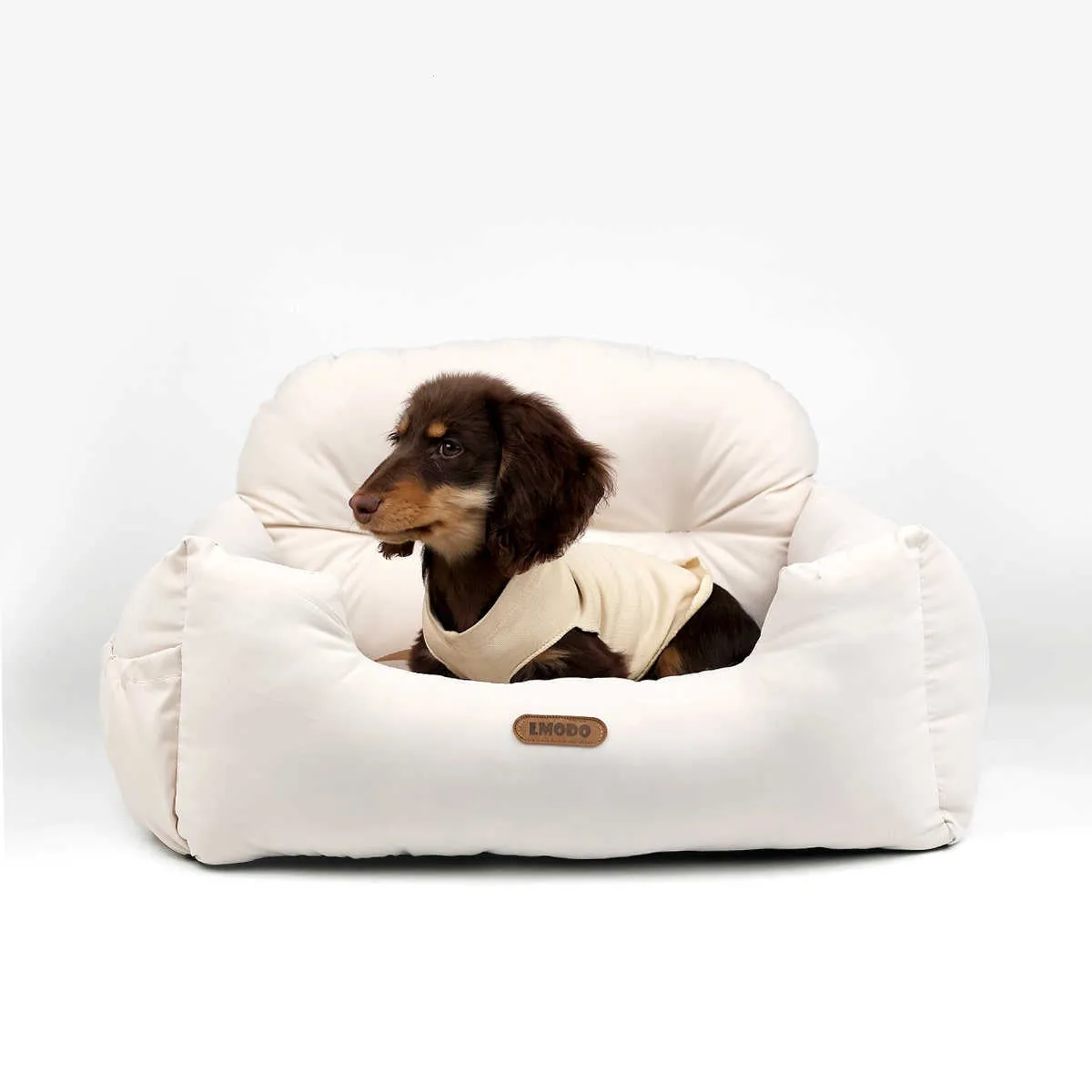 Milky white pet car nest with suede surface and PP cotton lining, 50x40x30cm, for small dogs and cats