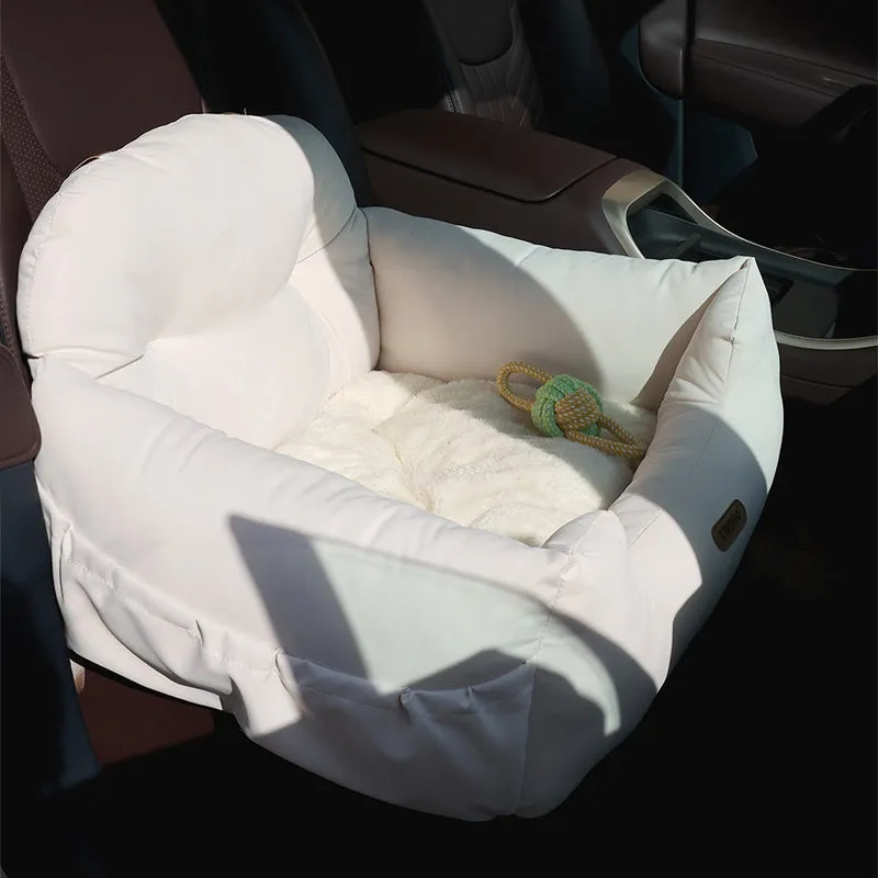 Milky white pet car nest with suede surface and PP cotton lining, 50x40x30cm, for small dogs and cats