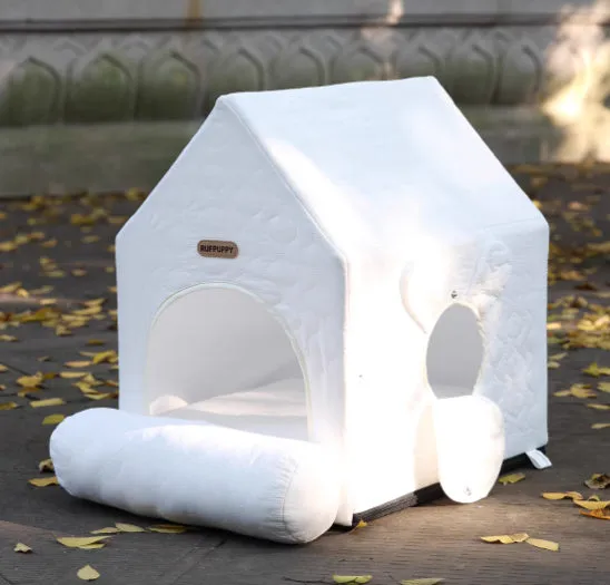 Closed pet house in white polyester, 55x38x48cm, for cats and small dogs up to 6 kg