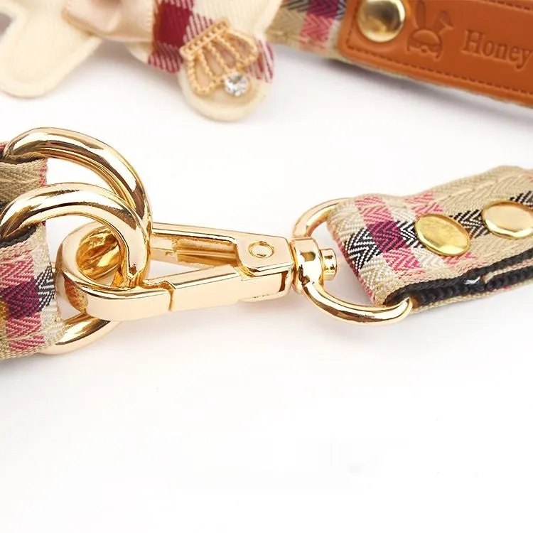 Two sets of pet dog harness with classic plaid bow collar and retractable polyester traction rope in S M L sizes