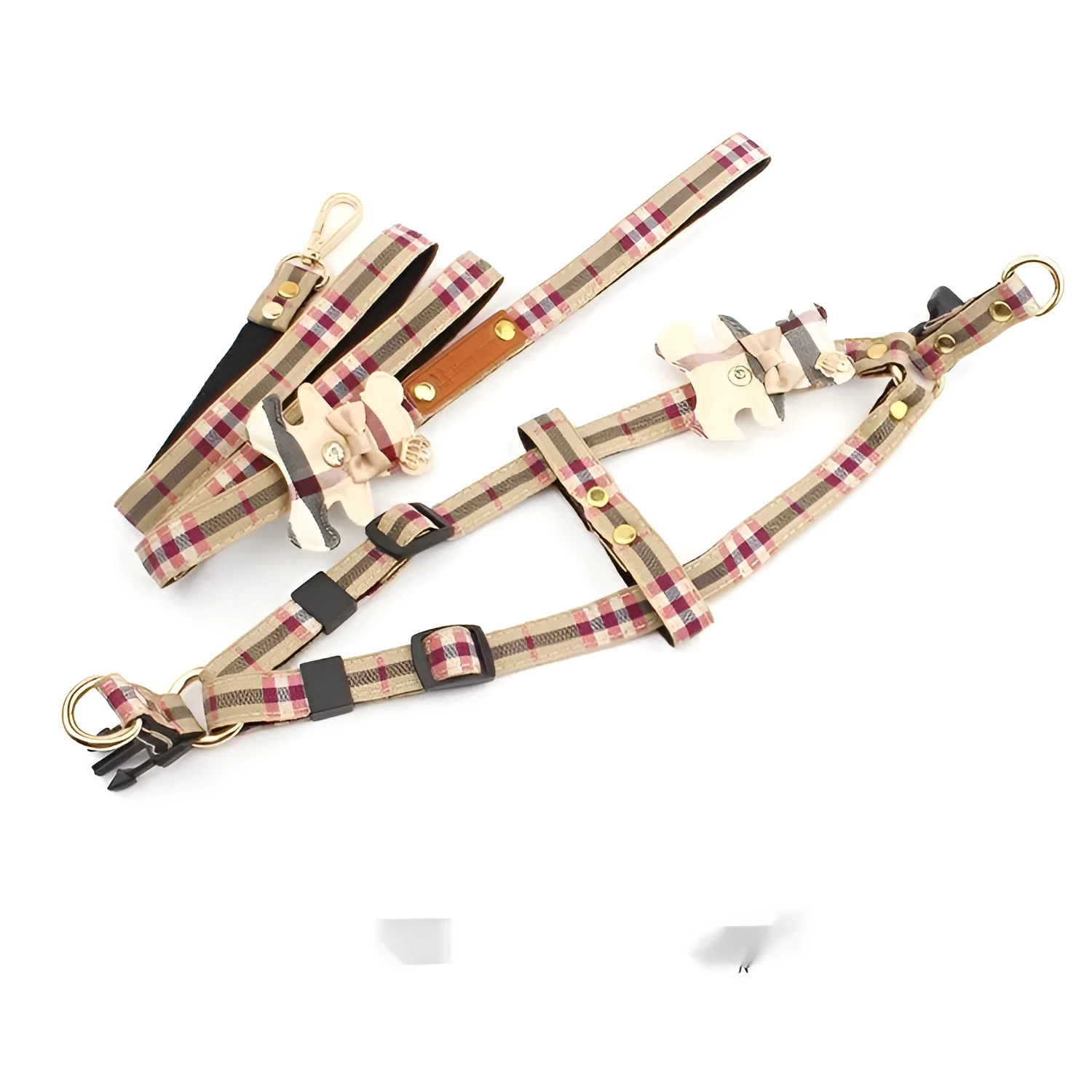 Two sets of pet dog harness with classic plaid bow collar and retractable polyester traction rope in S M L sizes
