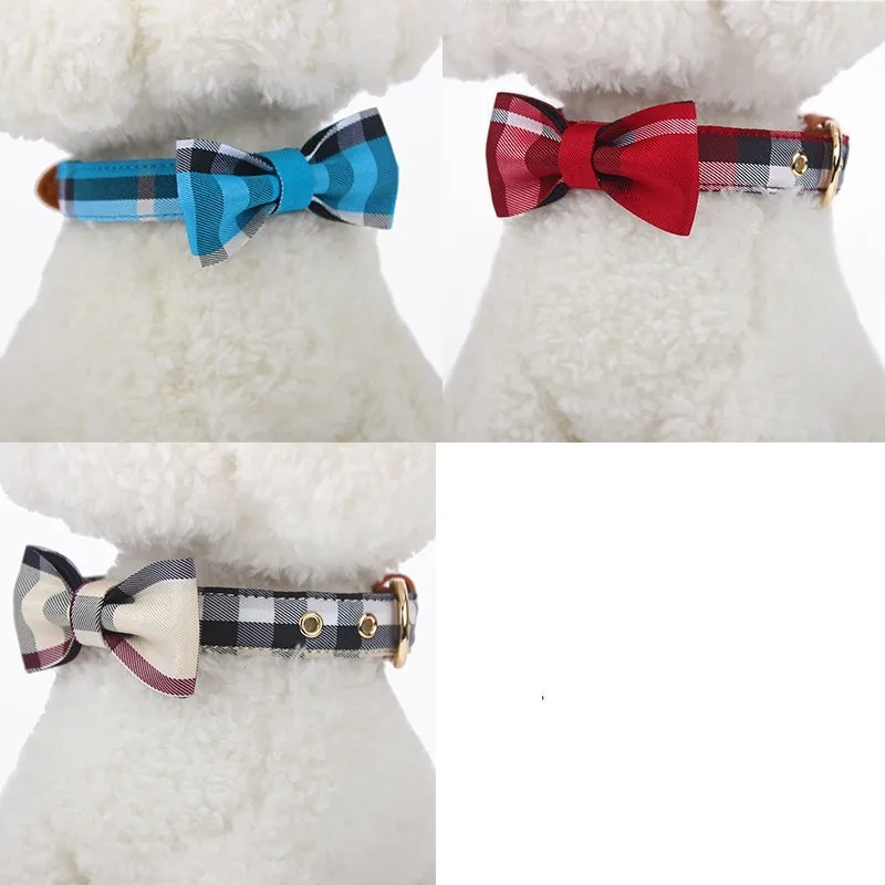 Leather stitching drawable mesh bow pet tie collar for small to medium dogs in classic khaki, Bordeaux red, Rhine blue