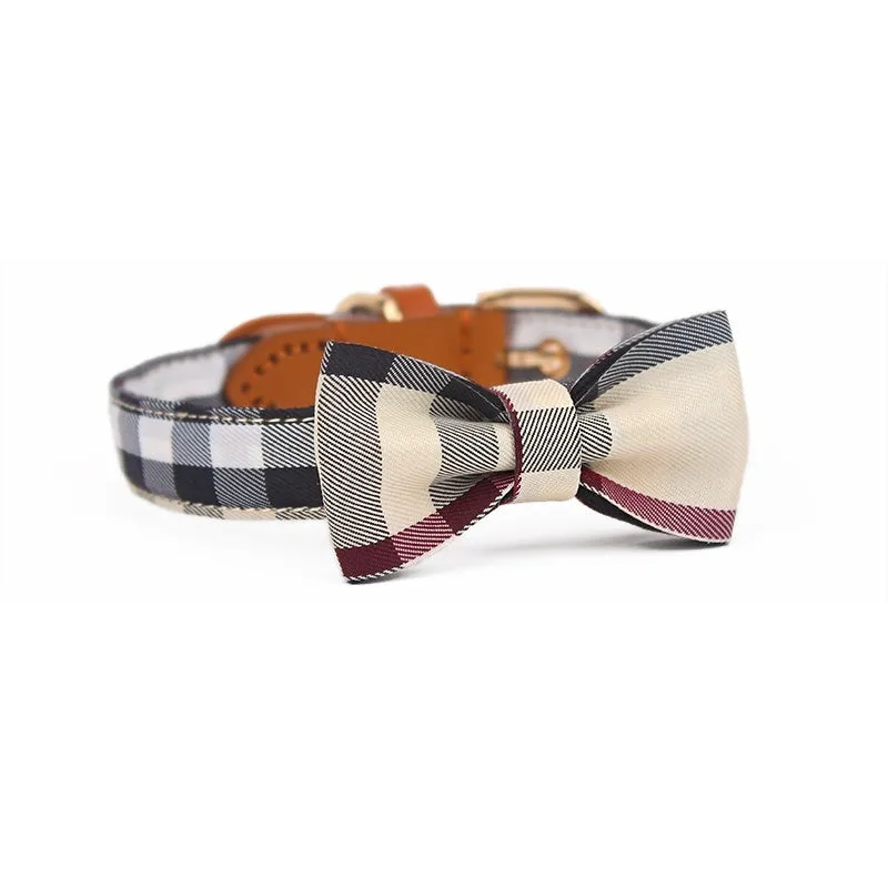 Leather stitching drawable mesh bow pet tie collar for small to medium dogs in classic khaki, Bordeaux red, Rhine blue