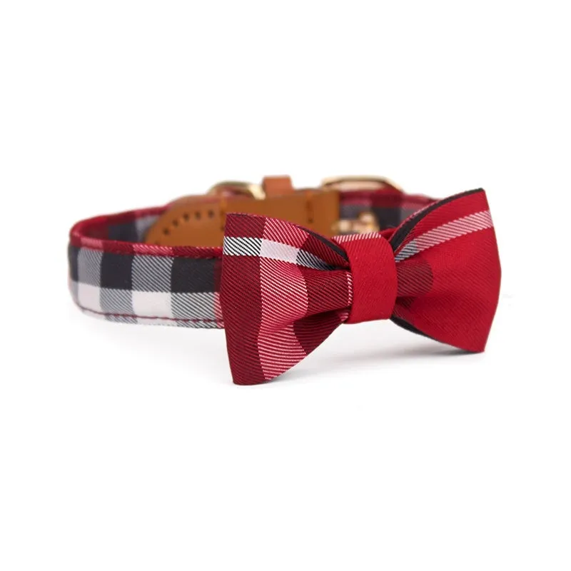 Leather stitching drawable mesh bow pet tie collar for small to medium dogs in classic khaki, Bordeaux red, Rhine blue