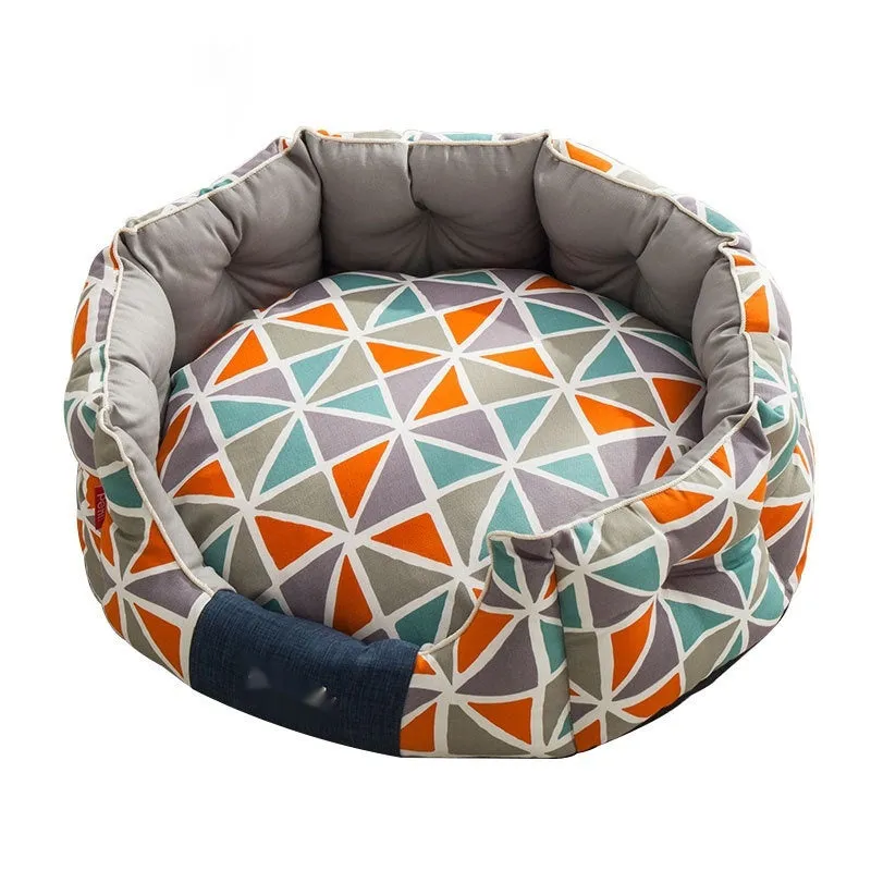 Round kennel dog mattress in contrast diamond lattice pattern, winter warm, removable washable cloth cover, size S