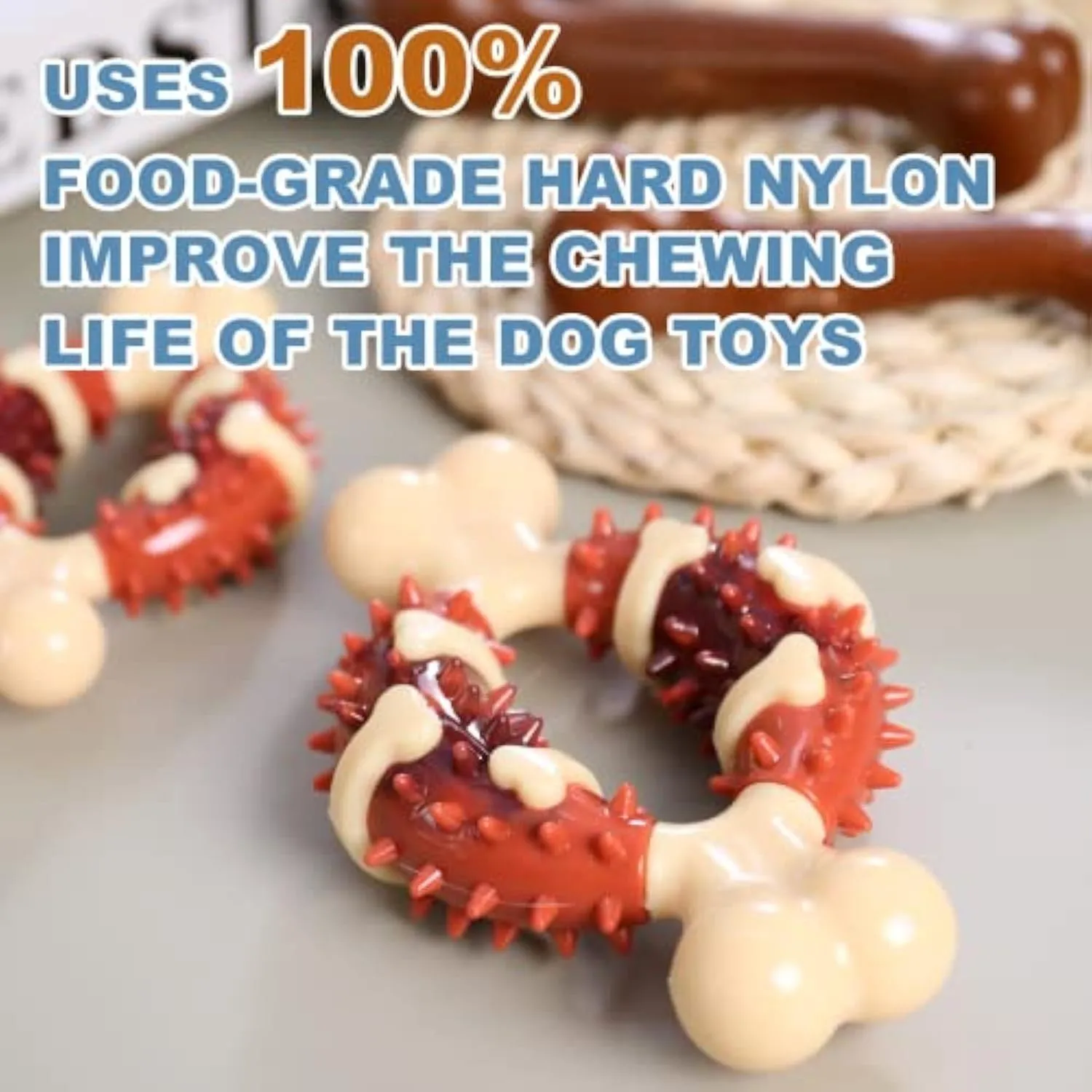 Bone-shaped natural rubber pet molar chew toy shown in two sizes