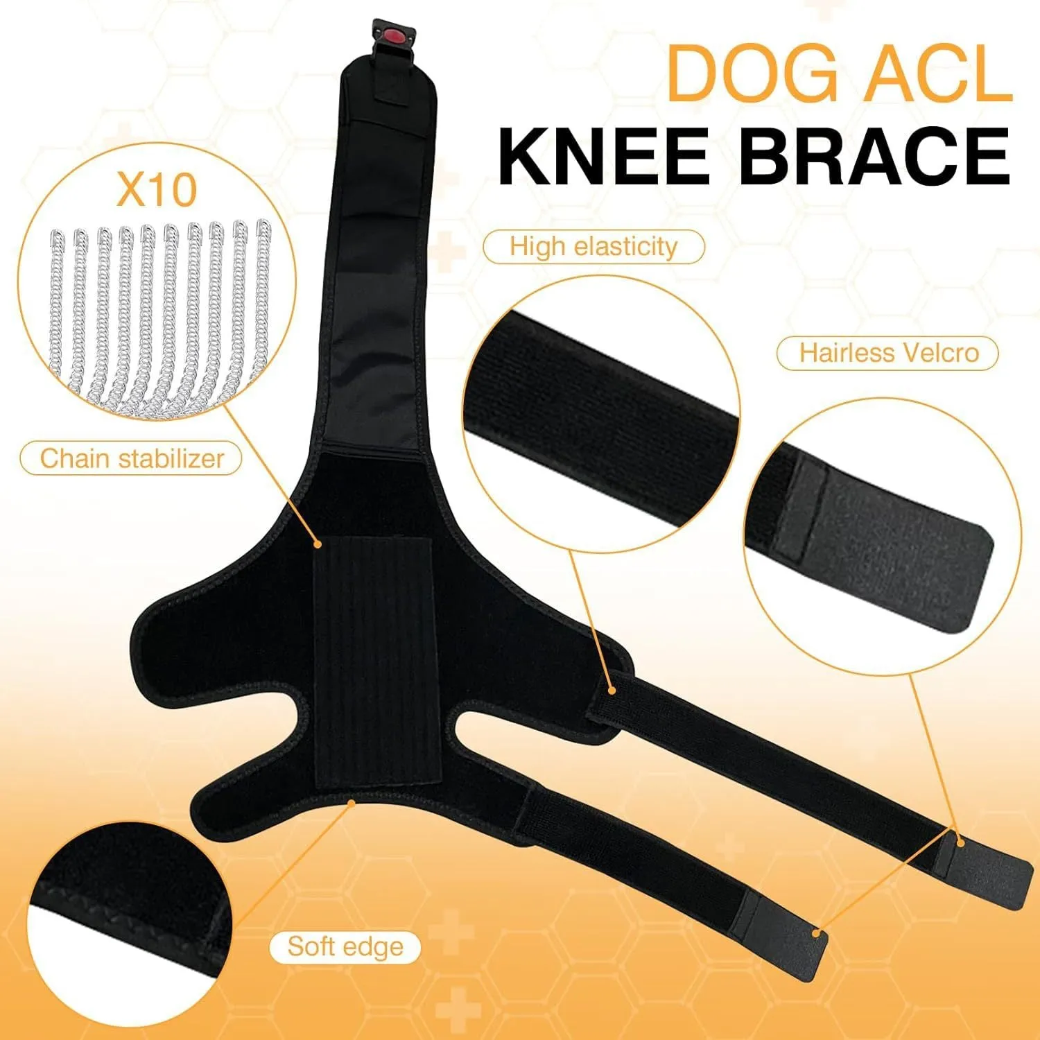 Dog leg protector knee brace with adjustable auxiliary belt on a medium-sized dog's hind leg for joint support