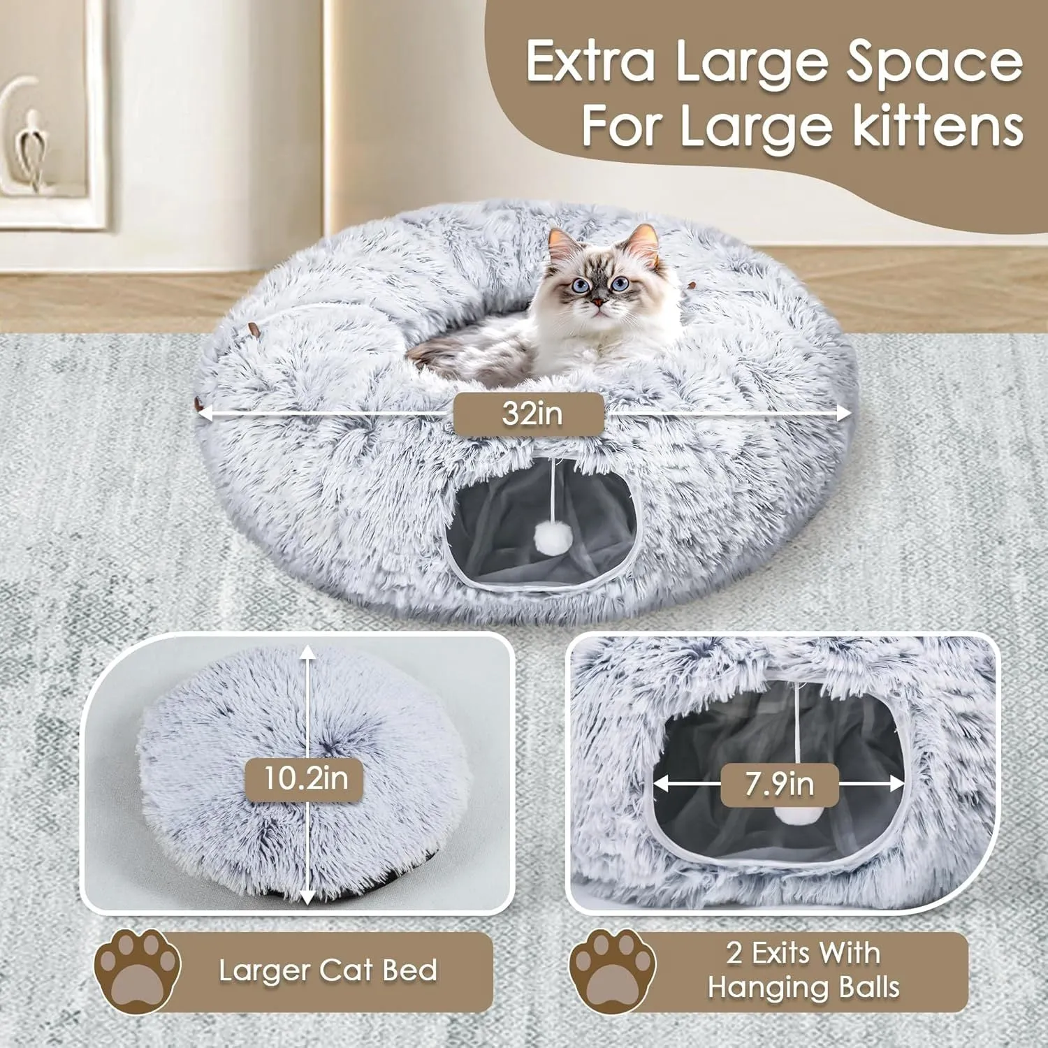 Grey cat tunnel bed with removable cushion and hanging furry toy for indoor cats