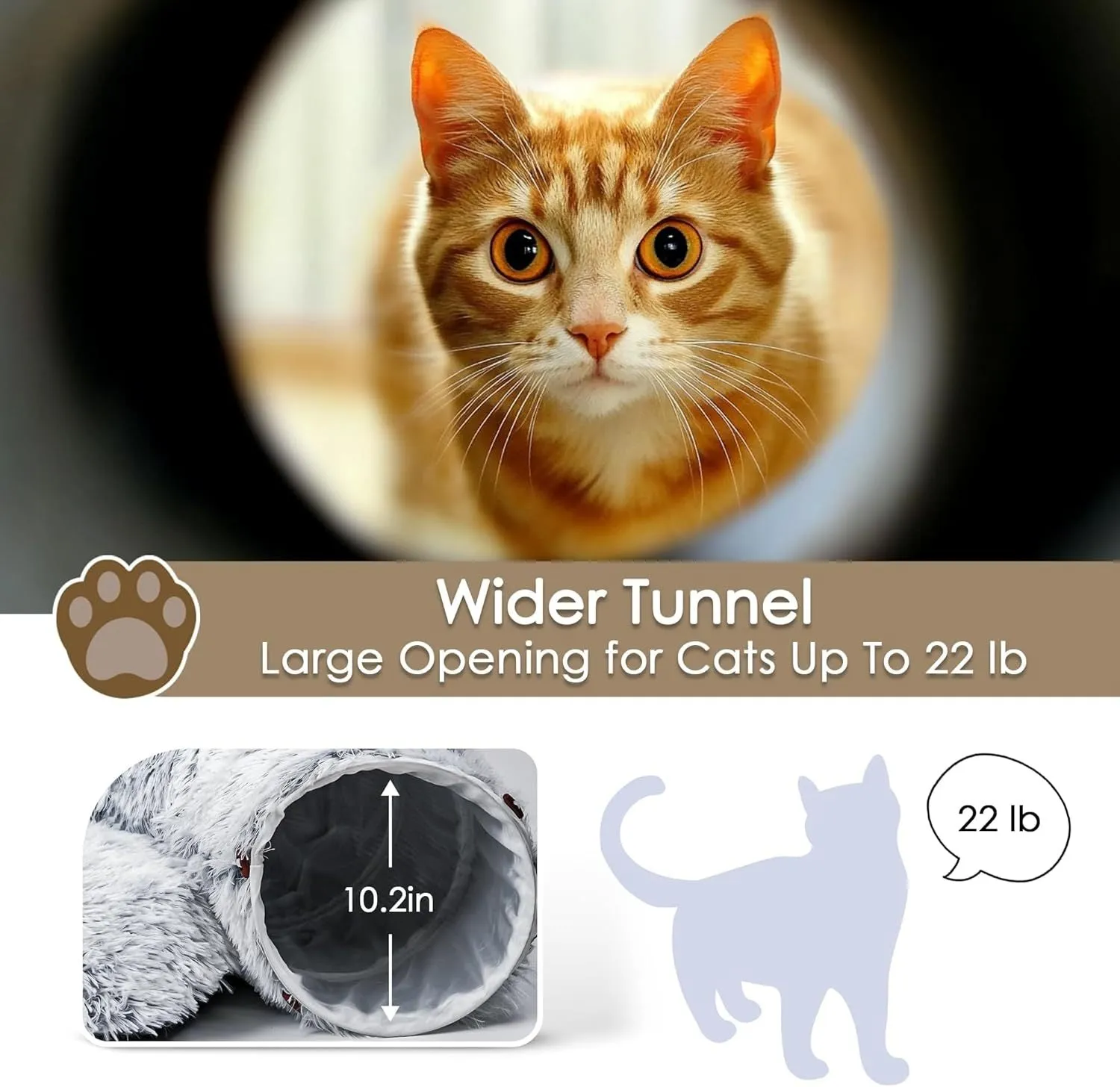 Grey cat tunnel bed with removable cushion and hanging furry toy for indoor cats