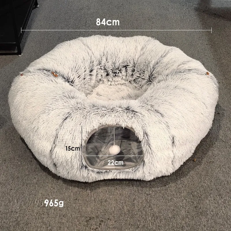 Grey cat tunnel bed with removable cushion and hanging furry toy for indoor cats