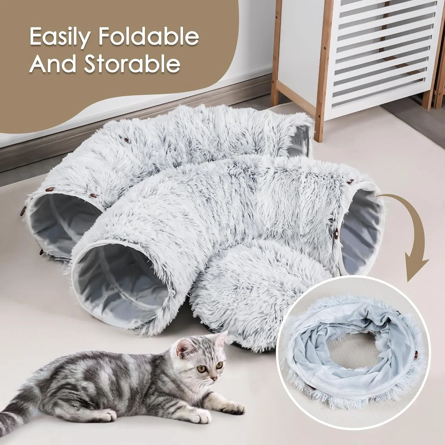 Grey cat tunnel bed with removable cushion and hanging furry toy for indoor cats