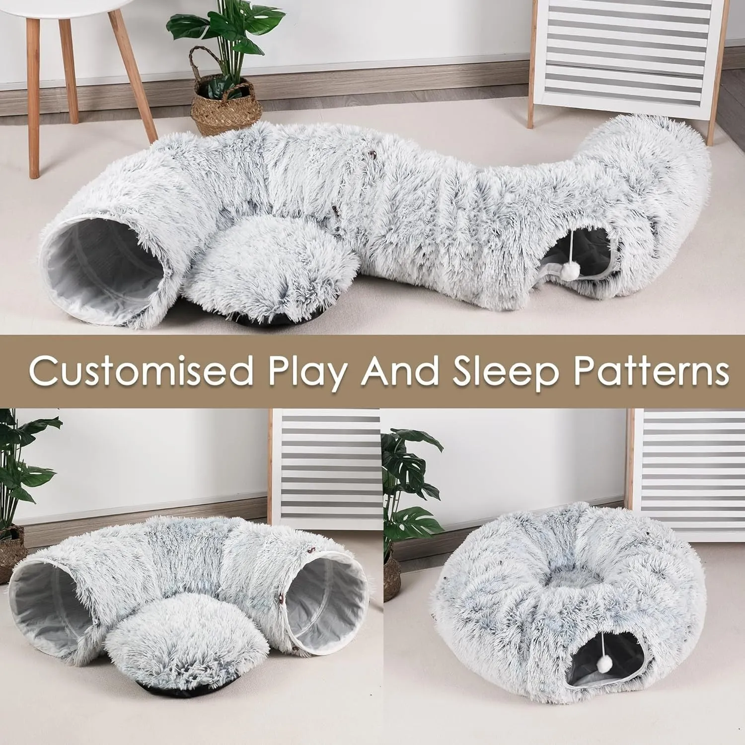 Grey cat tunnel bed with removable cushion and hanging furry toy for indoor cats
