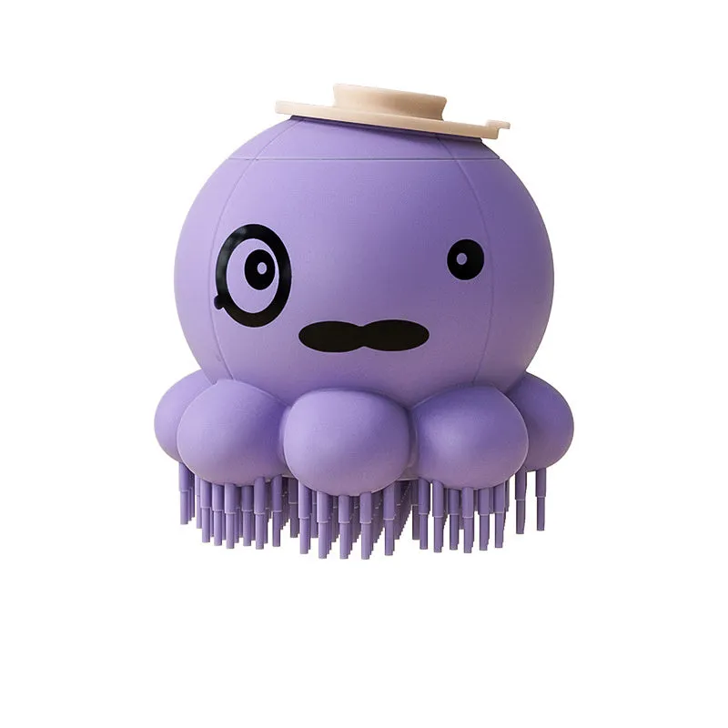 Green pet bath brush with built-in body wash reservoir and soft silicone bristles for dog and cat grooming