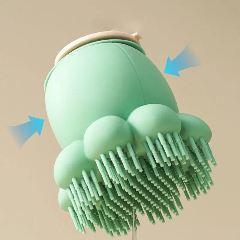 Green pet bath brush with built-in body wash reservoir and soft silicone bristles for dog and cat grooming