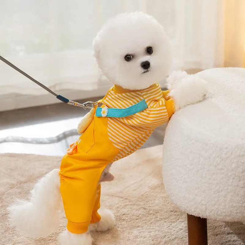 Autumn yellow polyester dog coat with three-dimensional chicken design, front view showing playful motif