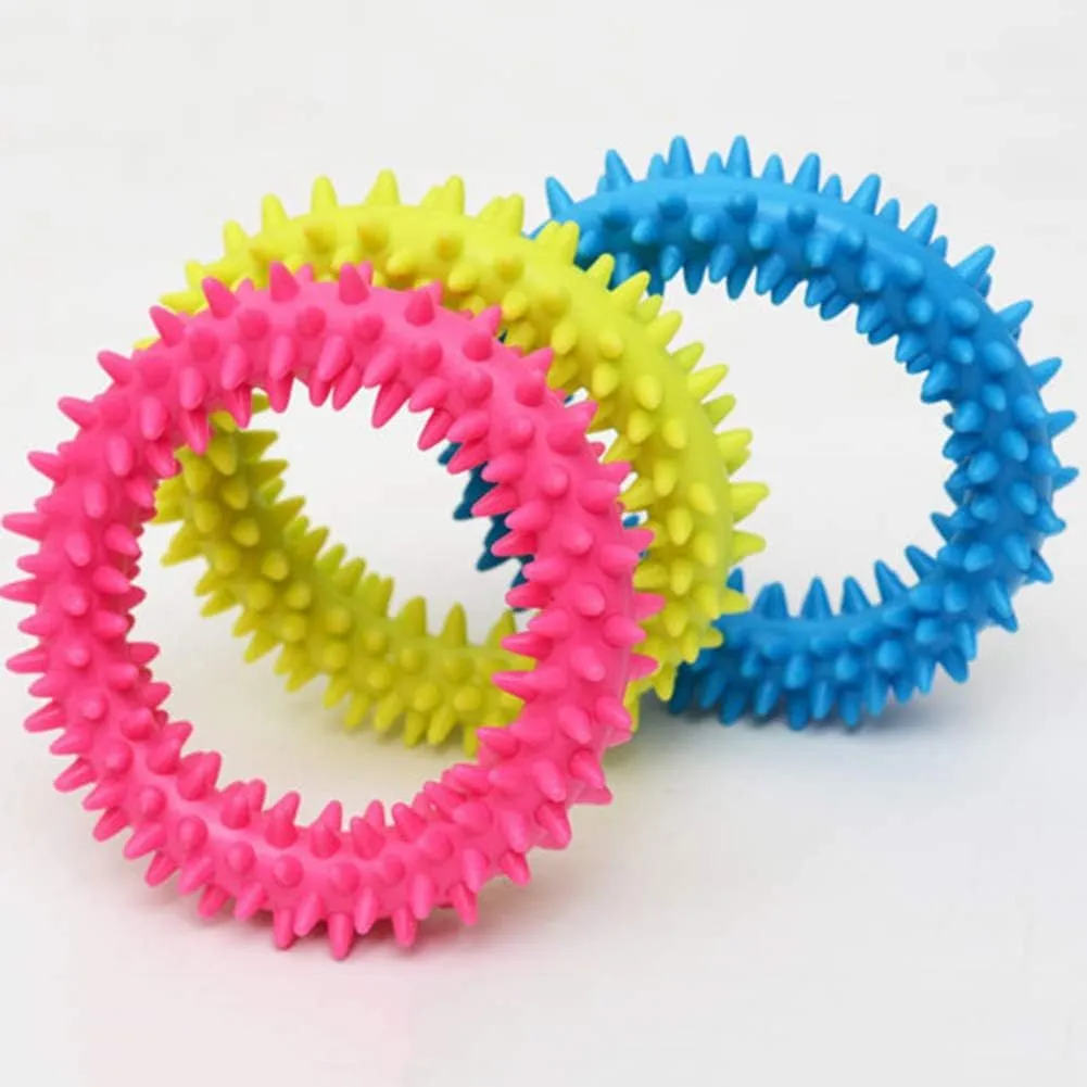 Blue TPR spiky circle ring dog chew toy for dental cleaning and bite training