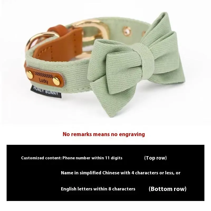 Dog collar with lettering and bowknot leather hand holding rope set in creamy green colour for small dogs