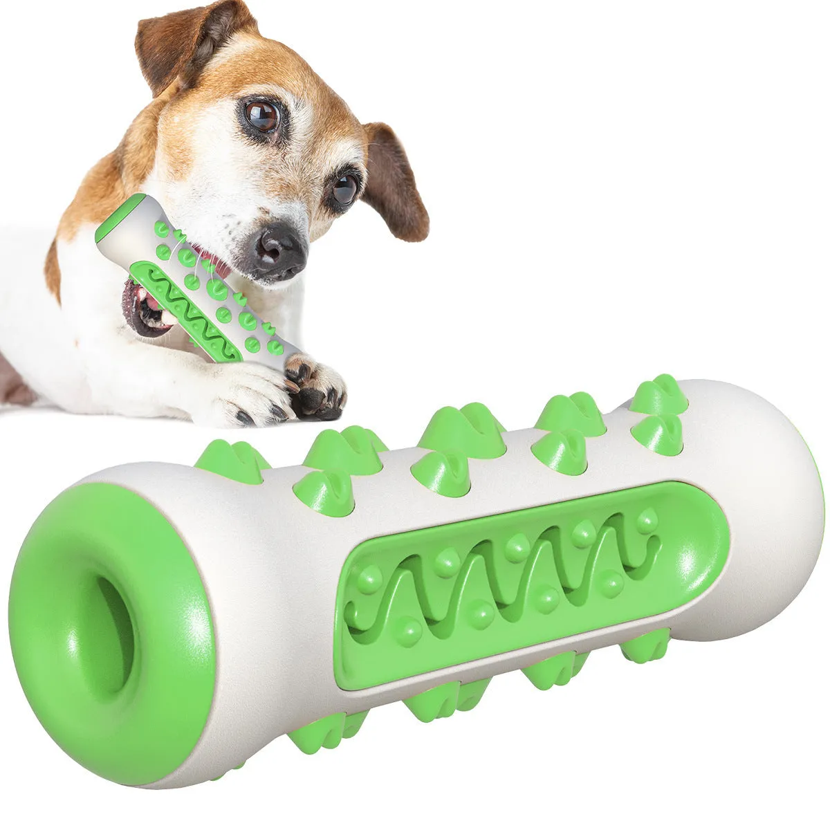 Natural rubber dog dental chew toy in four colours, showing textured surface for teeth cleaning.