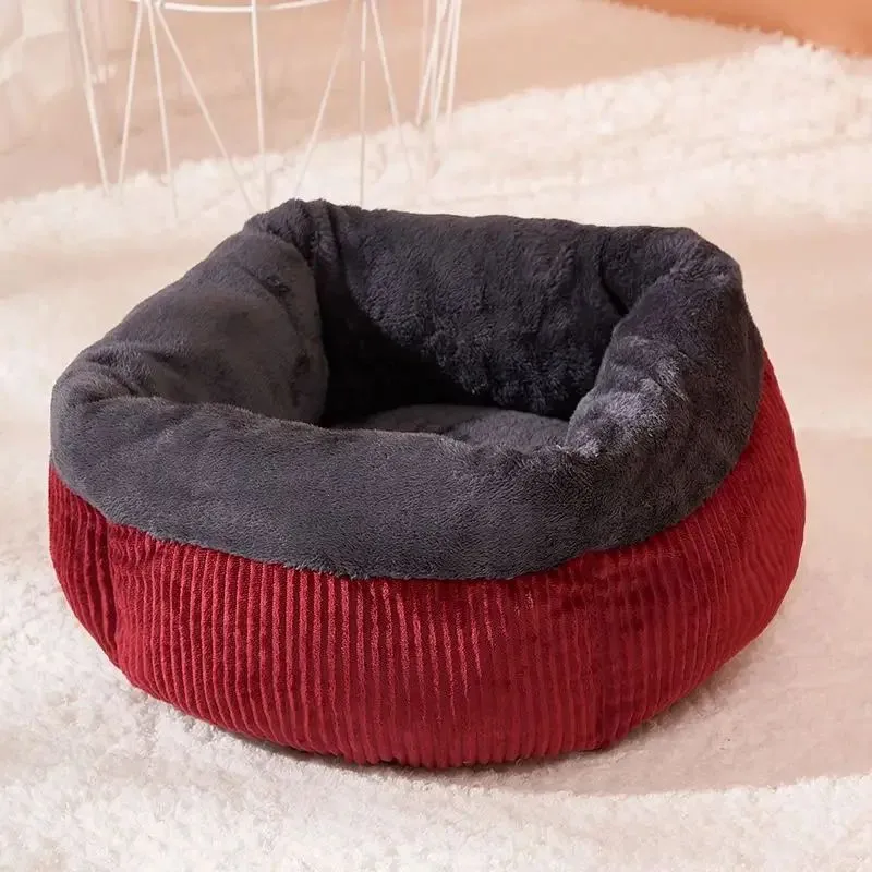 Washable circular cat sofa bed in yellow with plush fabric and non-slip base for calming sleep