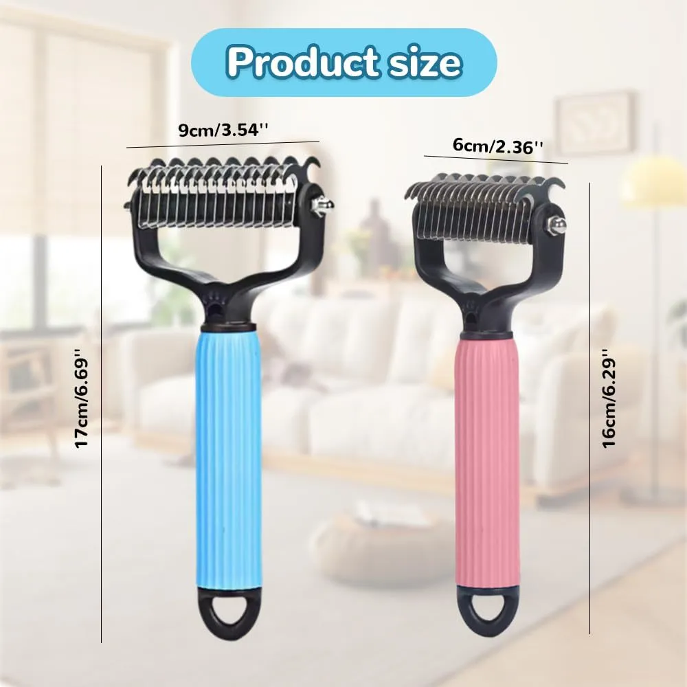 Pet dematting comb with double-sided stainless steel teeth in blue colour