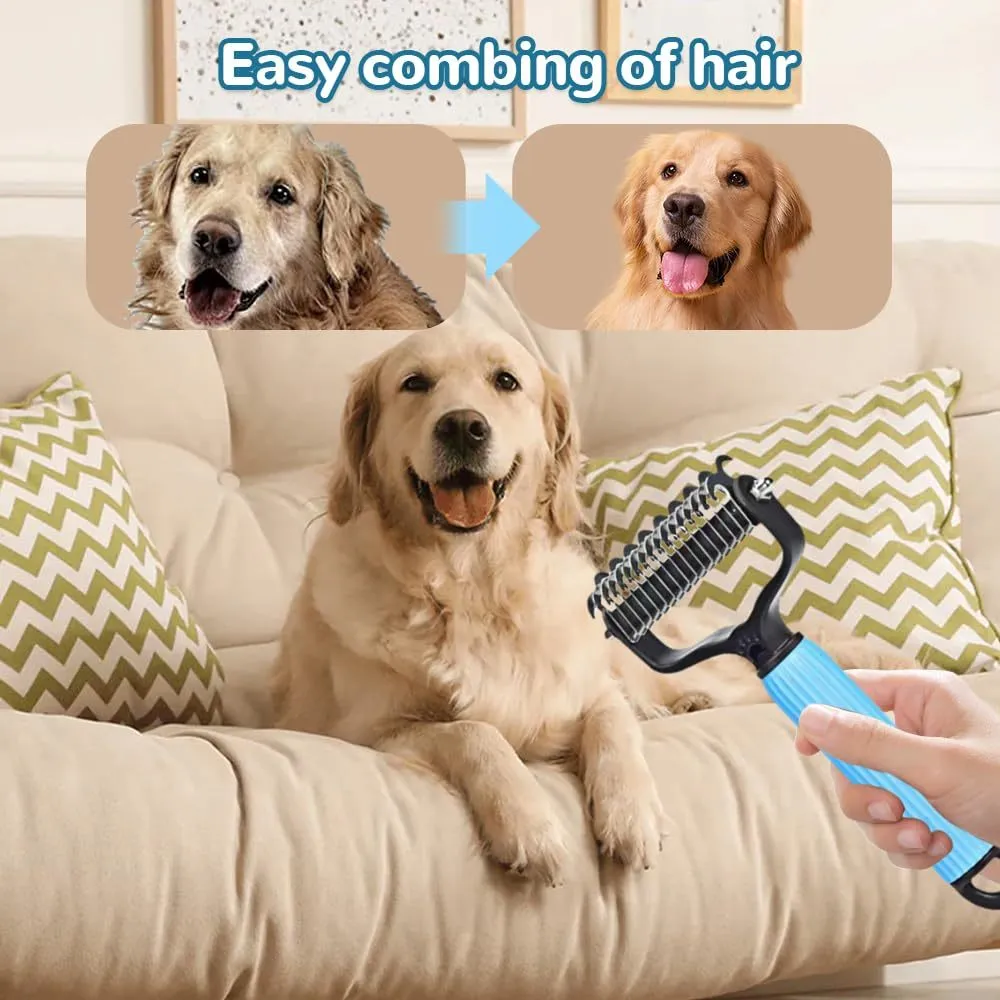 Pet dematting comb with double-sided stainless steel teeth in blue colour
